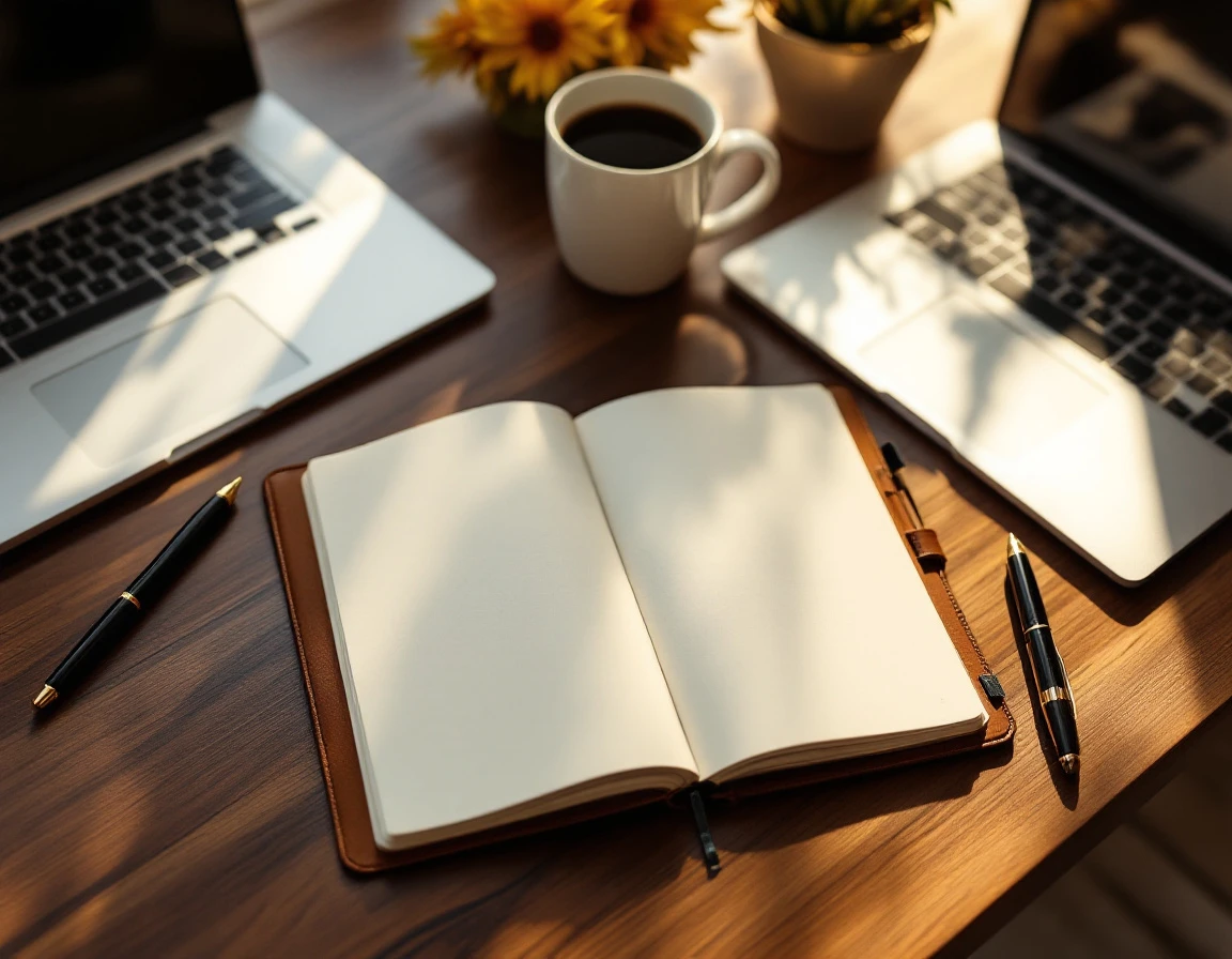 Planning workspace with open journal, coffee, and laptop on wooden desk in warm morning light