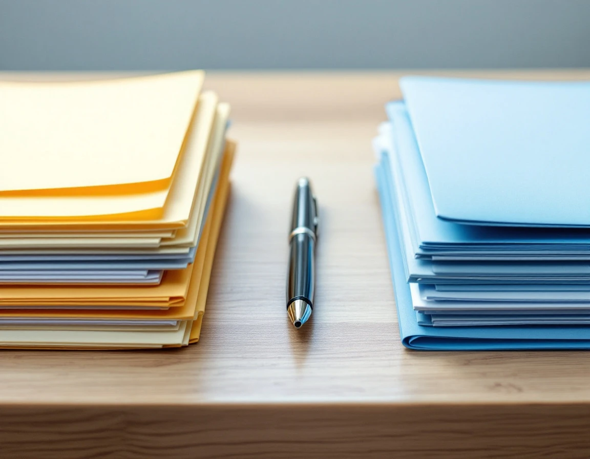Two separate stacks of business folders on desk representing divided sales categories