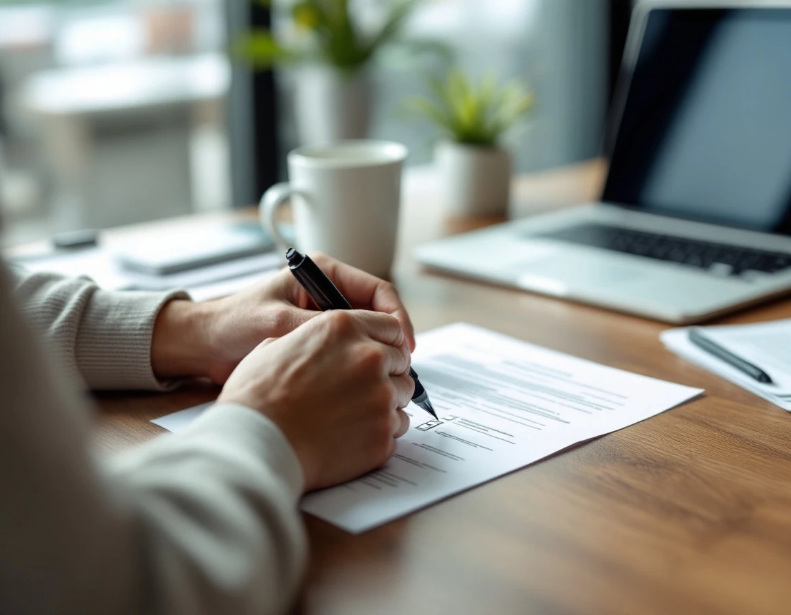 Hands marking checkbox on blurred opt-out form at professional office desk with coffee and laptop