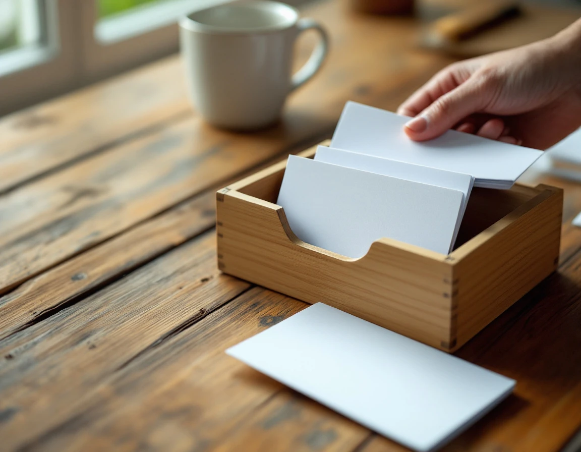 Index cards being filed into suppression box on wooden desk surface