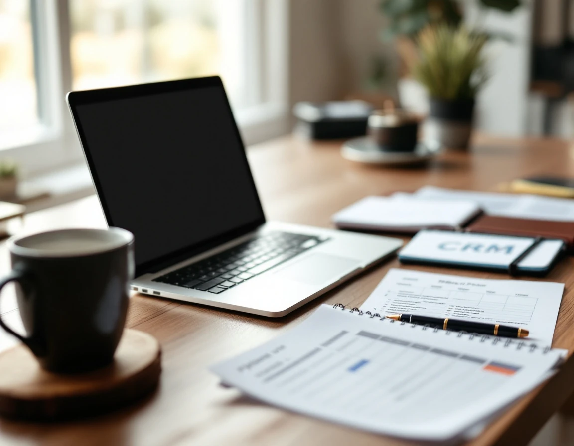 Professional desk workspace with laptop, CRM interface, follow-up templates, and calendar for sales sequencing