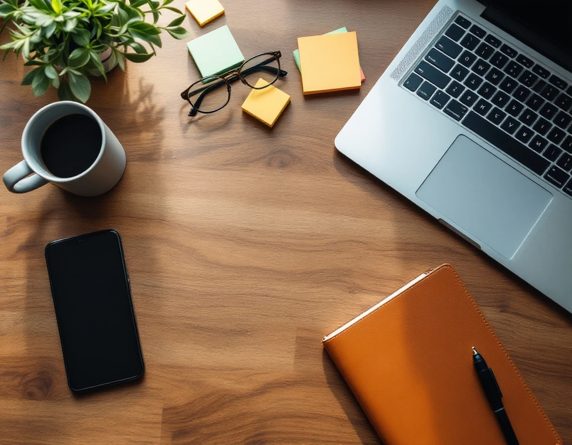 Professional workspace with coffee, smartphone, and blank journal on wooden desk