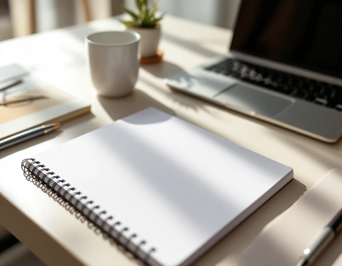 Clean desk workspace with blank notebook, pen, coffee, and laptop ready for sales research and planning