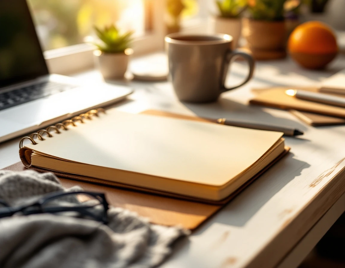 Organized desk workspace with notebook, coffee, and laptop in warm sunlight during quiet sales season