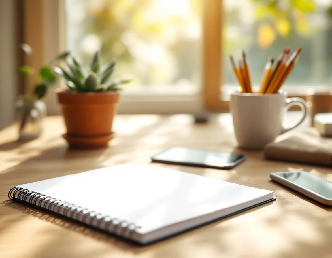 Clean desk workspace with blank notebook, plants, and natural sunlight during quiet summer season