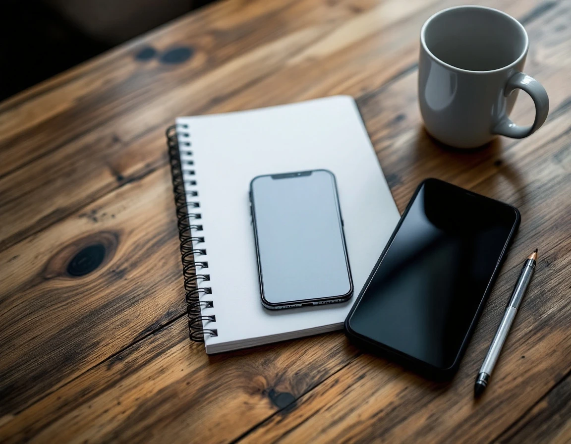 Smartphone set aside on desk with notebook and coffee mug showing intentional pause in outreach communication