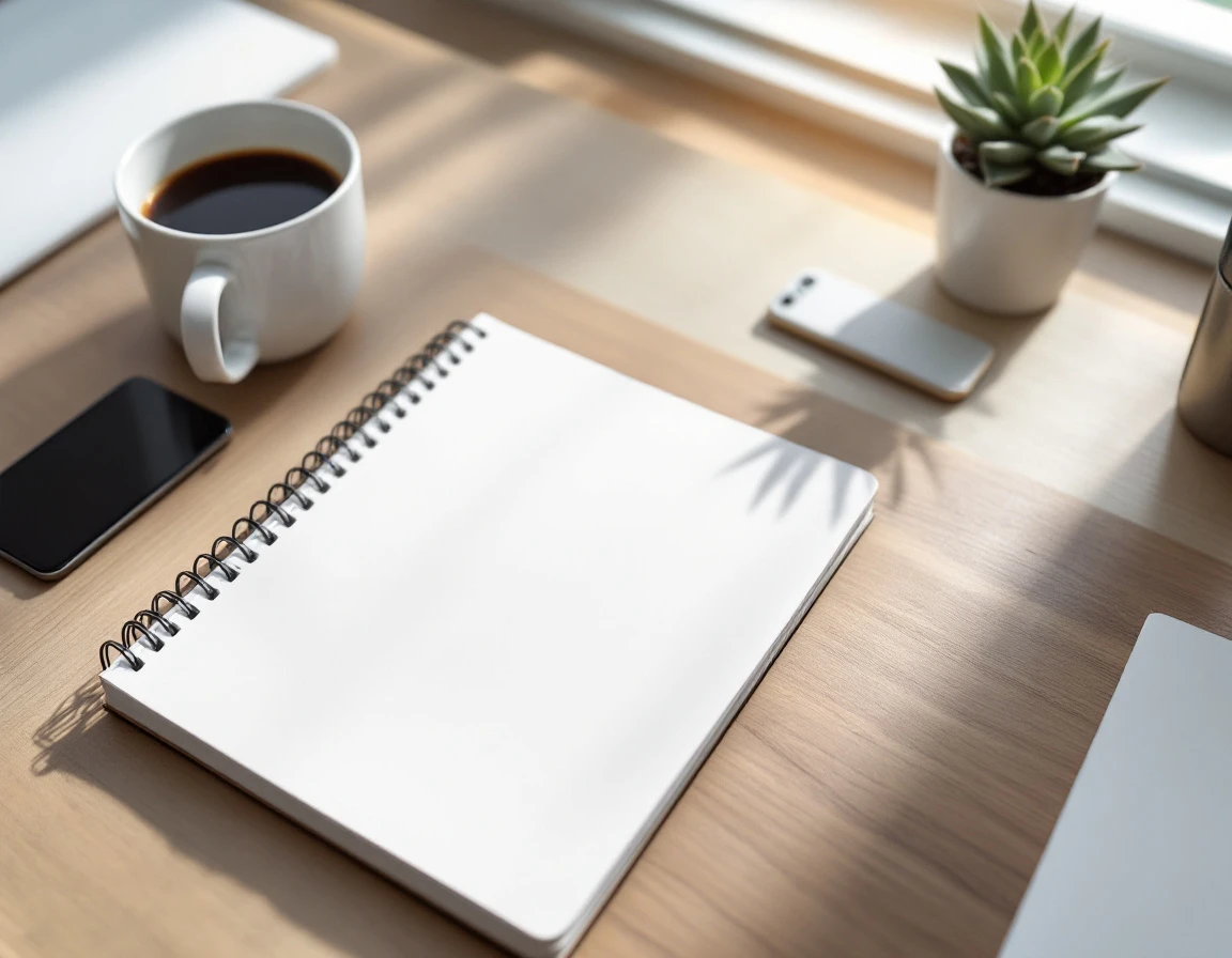 Clean workspace with blank notebook, smartphone, coffee, and plant in natural window light
