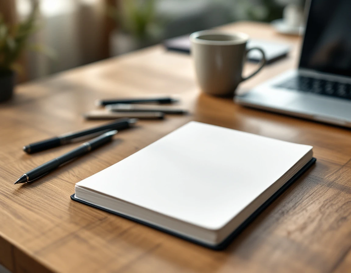 Blank notebook and coffee mug on office desk with natural window lighting