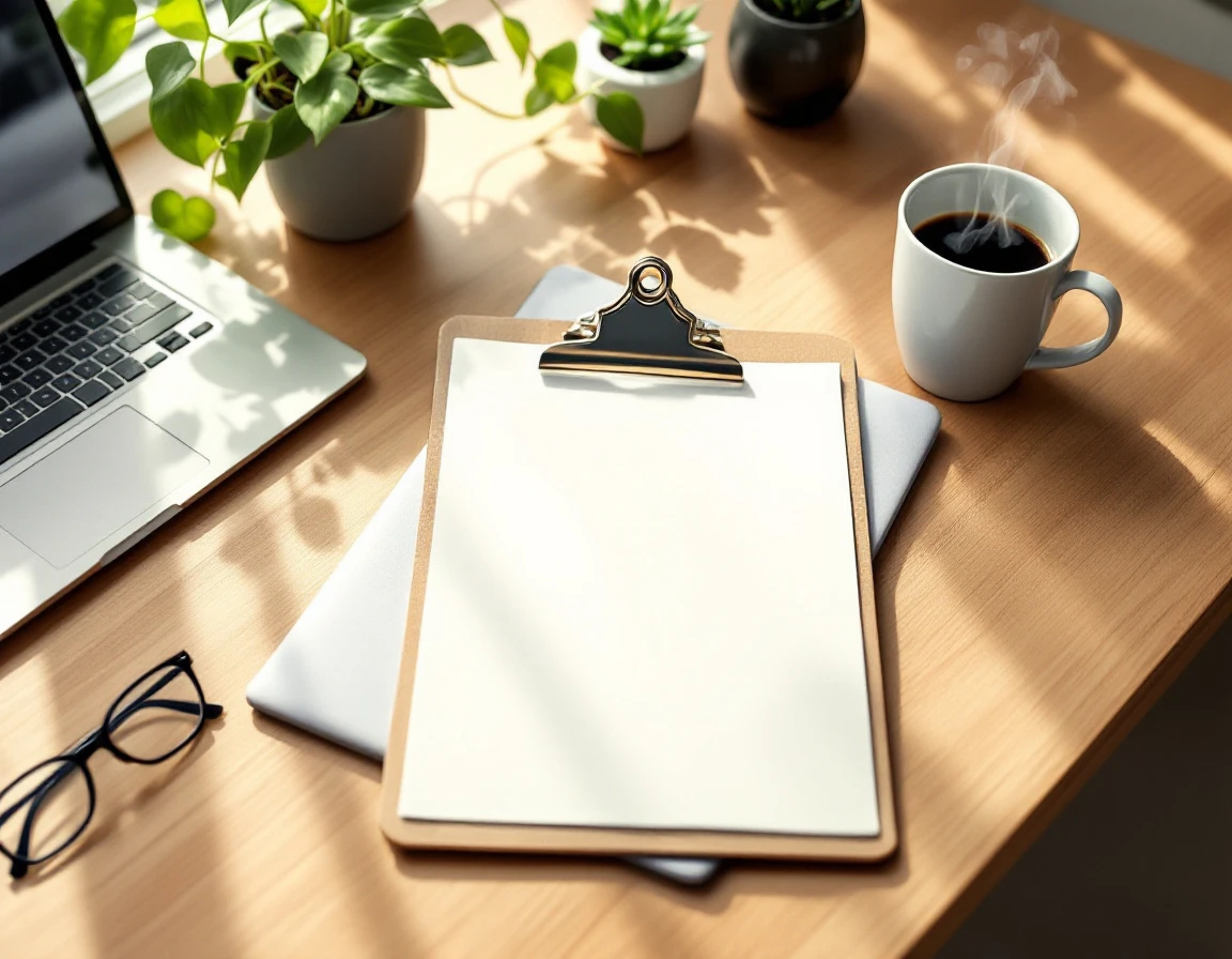 Clean workspace with blank clipboard, laptop, coffee mug, and potted plants on wooden desk