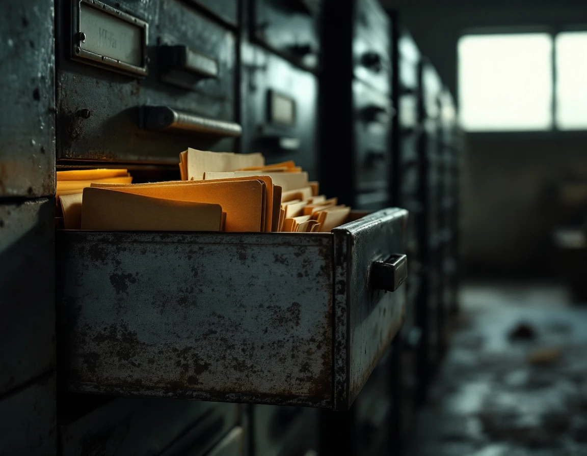 Dusty filing cabinet drawer with aged folders showing neglected records in storage
