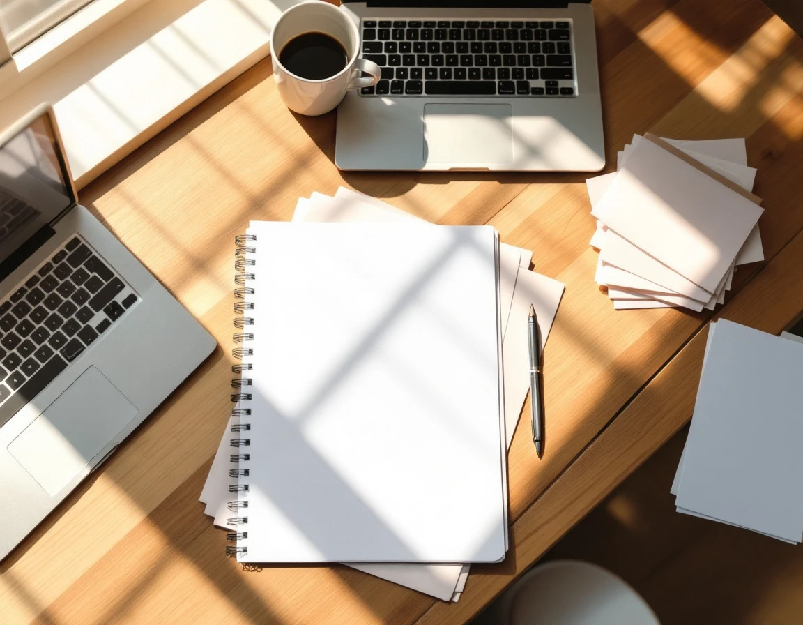 Clean organized workspace with blank notepad, laptop, and coffee mug on wooden desk with natural lighting