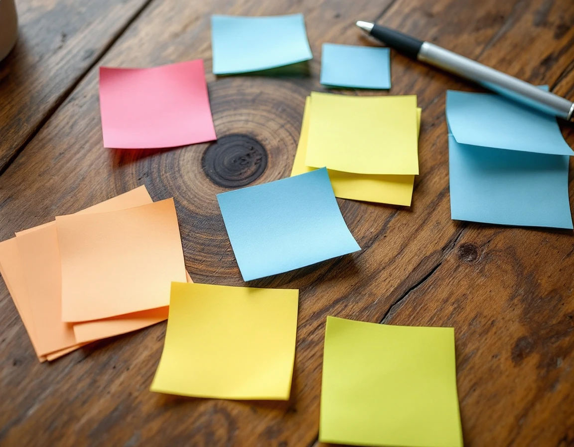 Organized color-coded sticky notes on wooden desk showing account categorization system