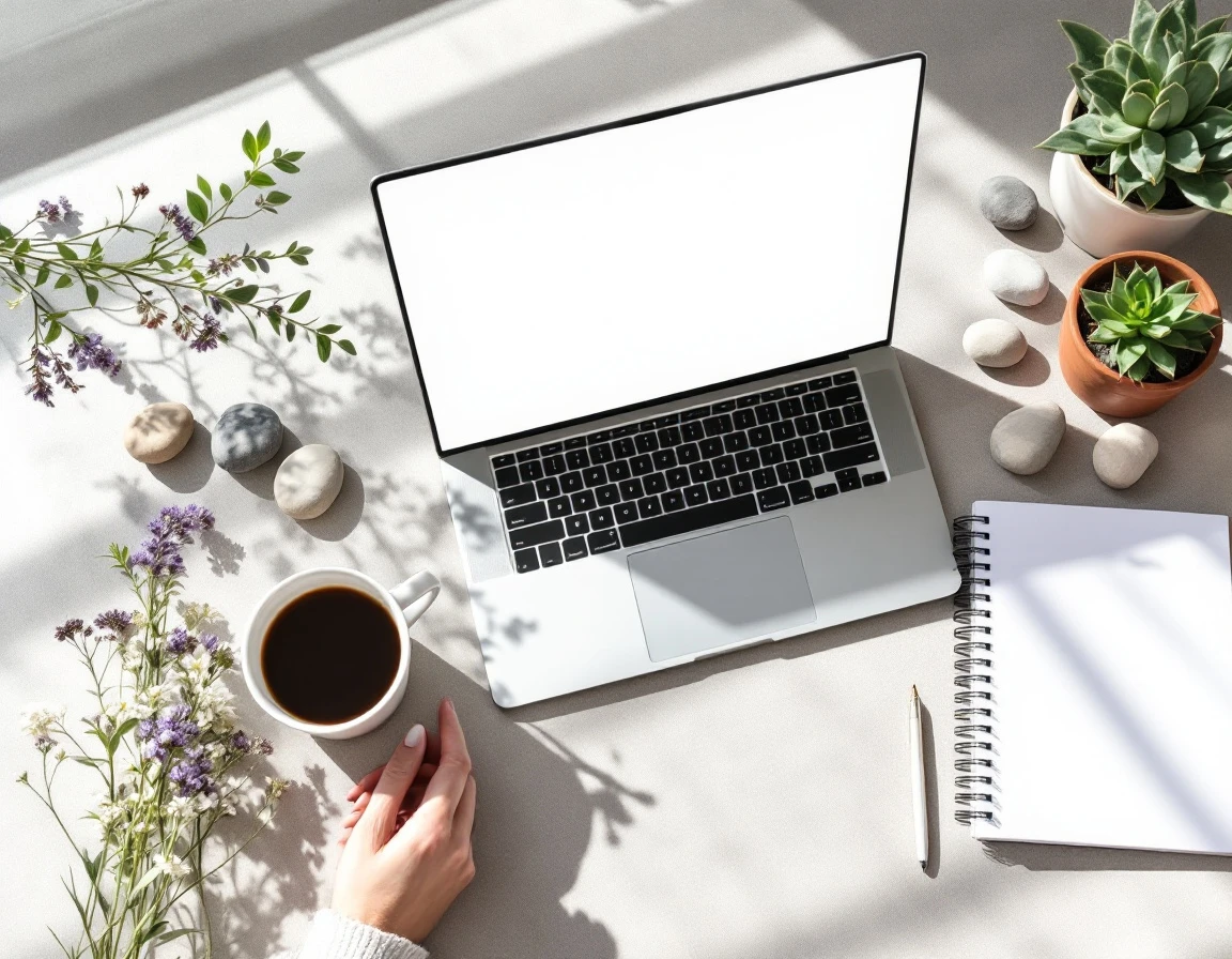 Overhead view of organized desk with laptop, blank notebook, coffee, and plants in natural morning light