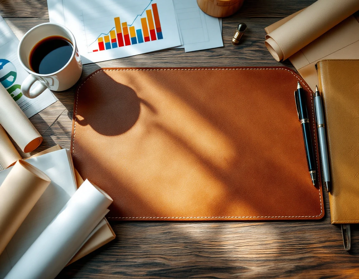 Professional workspace with planning materials, coffee, charts, and leather desk pad for Q4 strategy preparation