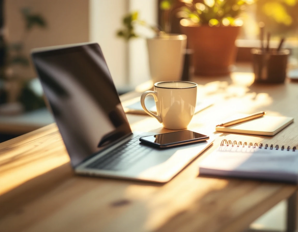 Organized home office desk with laptop, phone, and coffee mug in natural morning light