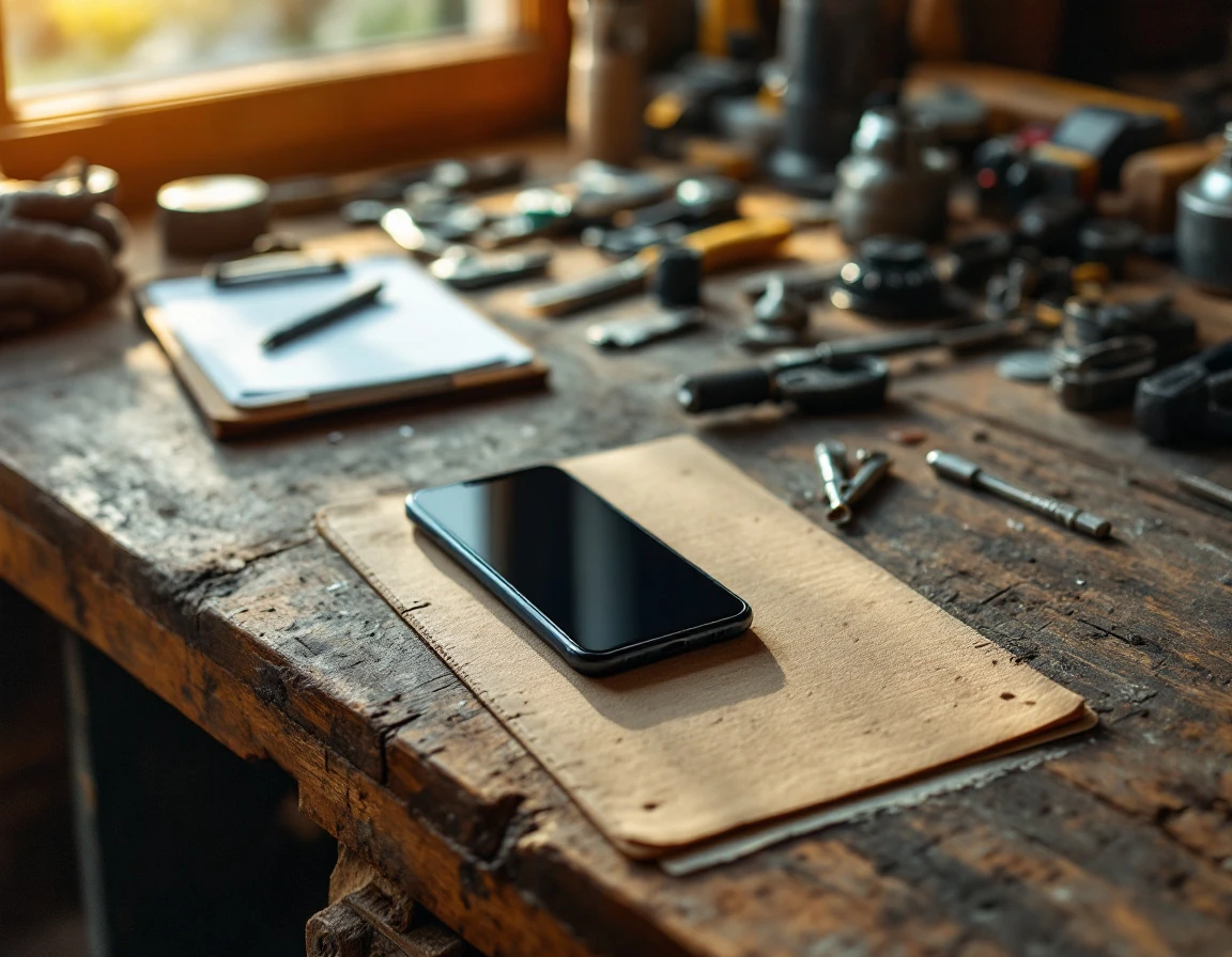 Smartphone resting on craftsman's workbench beside tools in service business workshop
