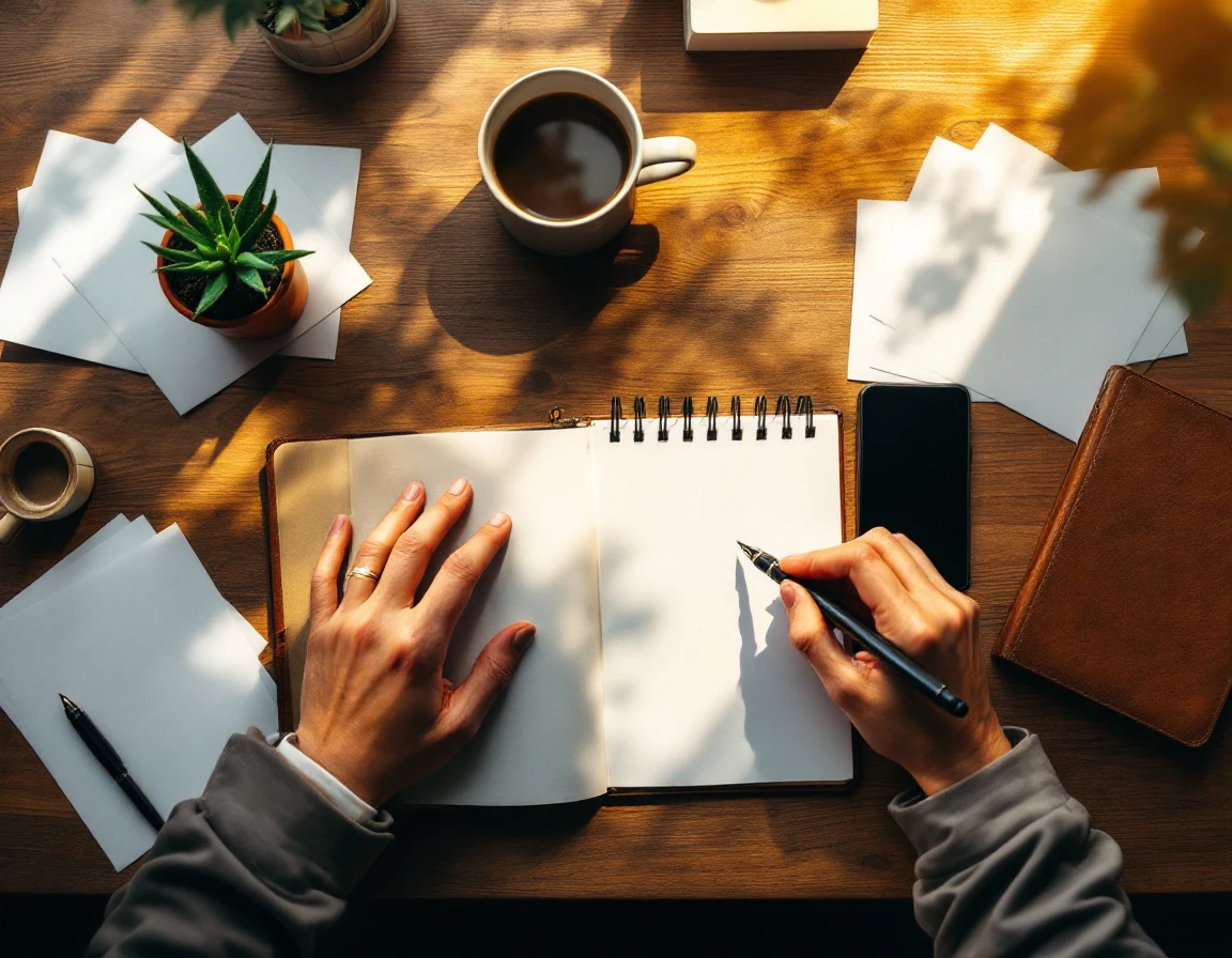 Overhead view of organized wooden desk with coffee, notebook, and smartphone in natural morning light
