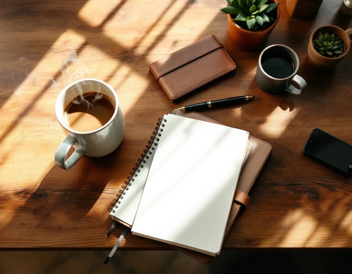 Organized desk workspace with coffee, blank notebook, and office supplies in natural morning light