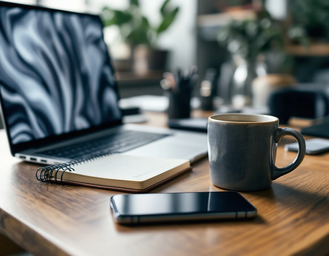 Professional desk workspace with laptop, notebook, coffee mug, and phone in natural office lighting