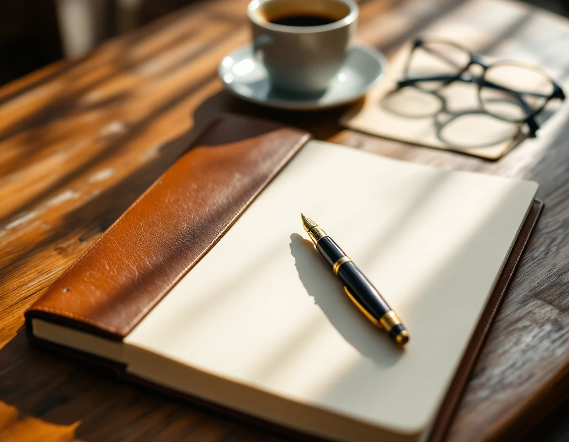 Open journal with fountain pen on wooden desk surface in natural window light