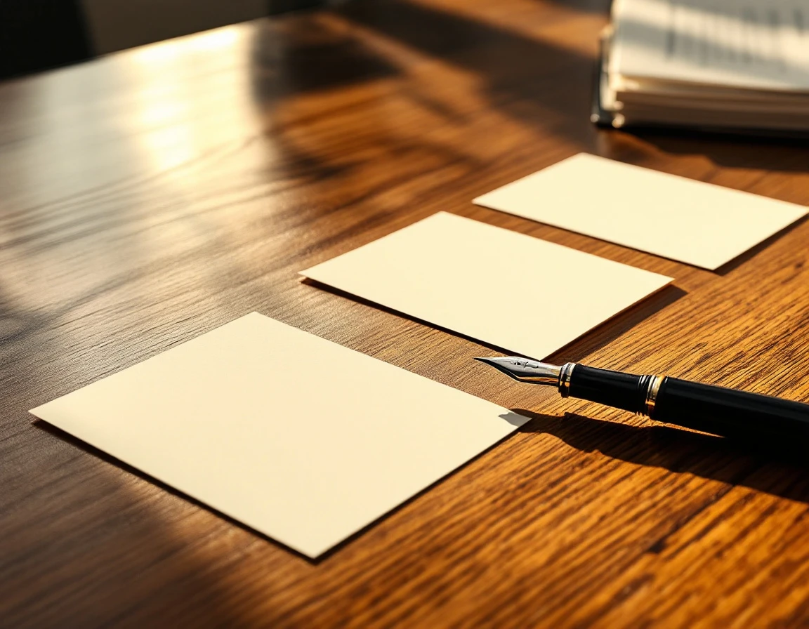 Blank paper cards arranged in sequence on wooden desk with fountain pen, suggesting a structured outreach workflow