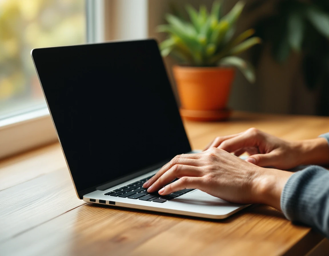 Hands typing on laptop at wooden desk near window in professional workspace with natural lighting