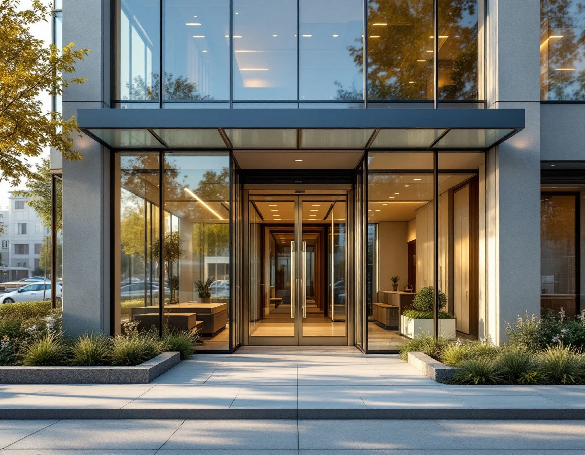 Modern commercial office building entrance with glass facade and clean professional landscaping