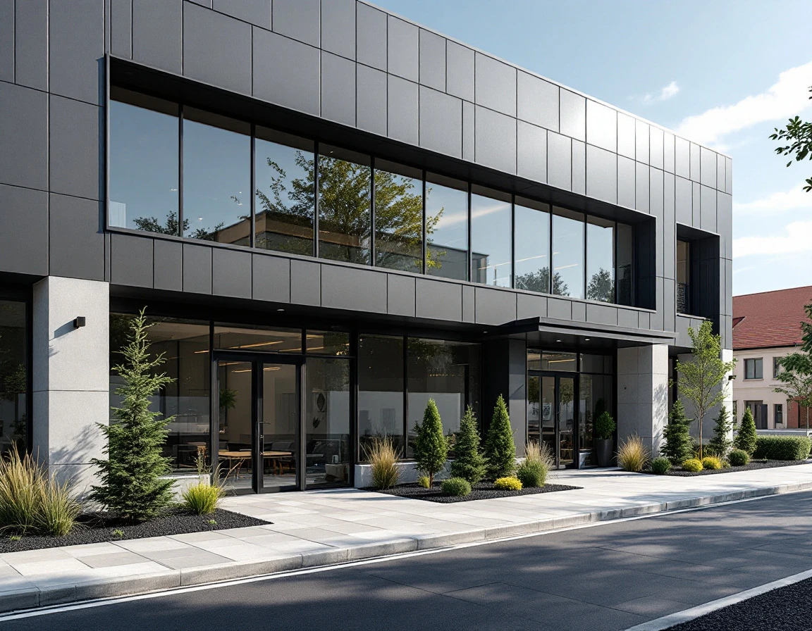 Modern commercial office building exterior with glass facade and professional landscaping