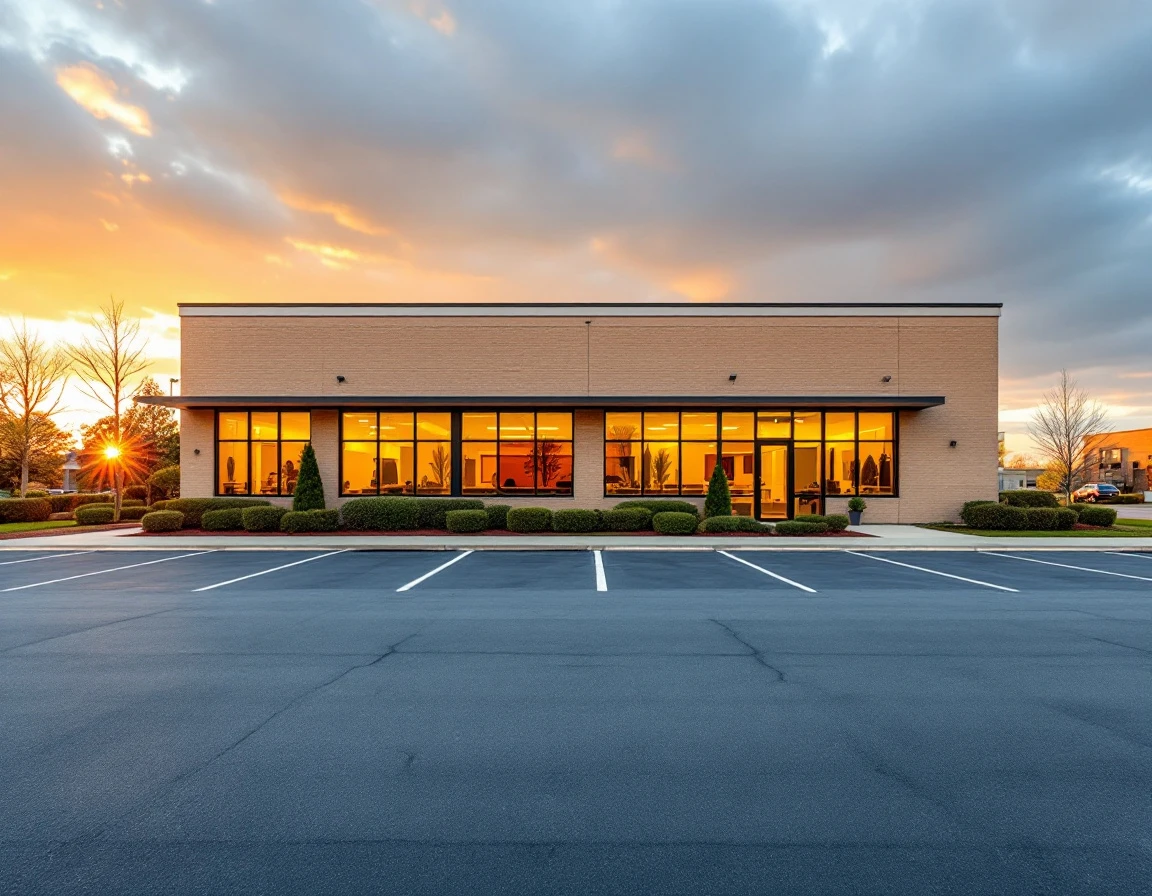 Commercial office building exterior at golden hour with empty parking lot and maintained landscaping