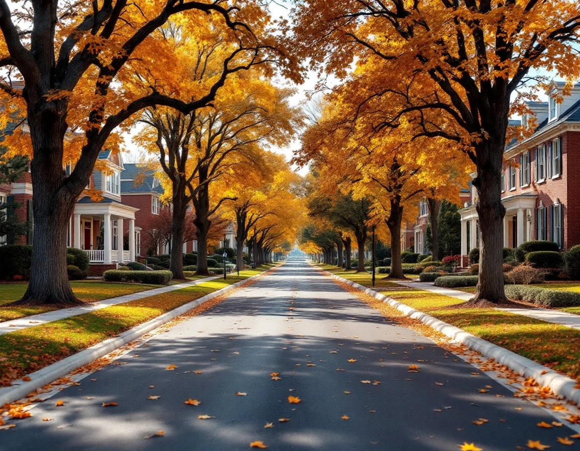 Tree-lined residential street in autumn with brick colonial homes and empty driveways in established neighborhood