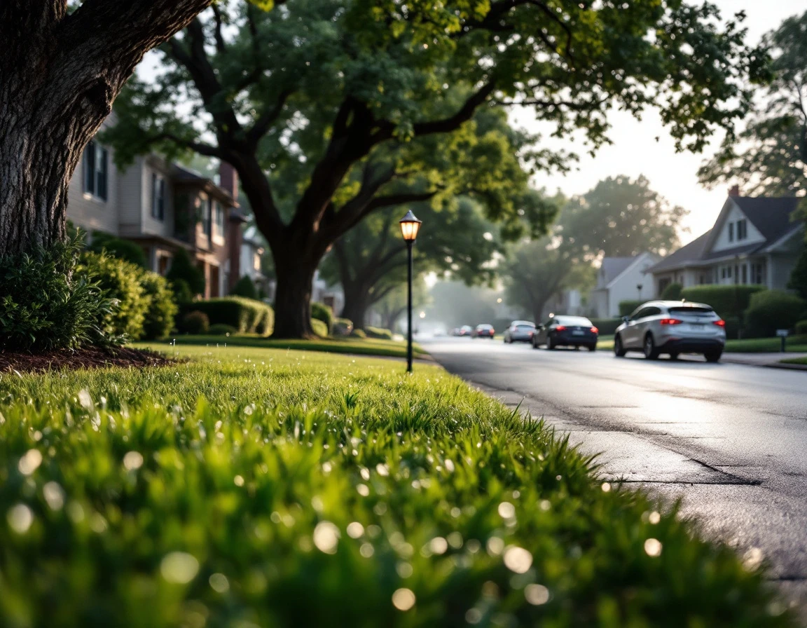 Quiet suburban residential street at early morning dawn with houses and mature trees under overcast sky