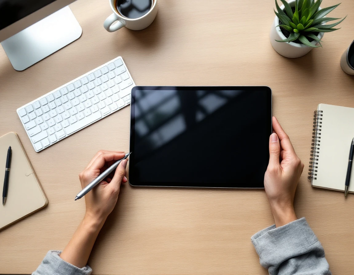 Overhead view of workspace with tablet, stylus, coffee cup, and office accessories on wooden desk