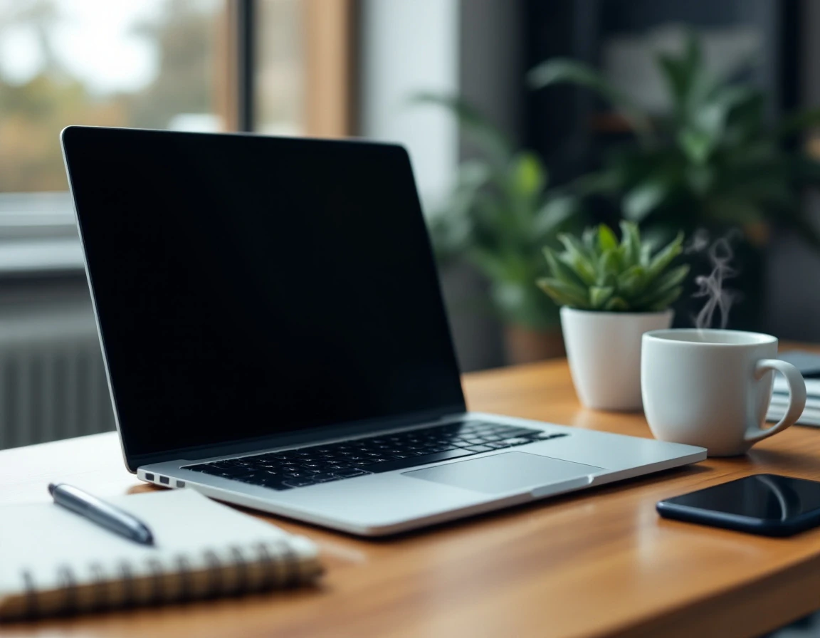 Laptop workspace with obscured screen showing blurred dashboard elements on wooden desk with coffee and notebook
