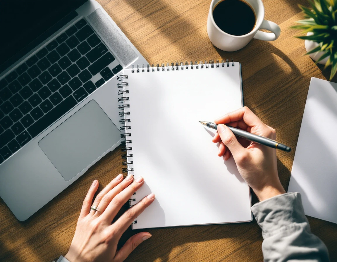 Overhead view of hands with pen poised over blank notebook beside laptop on wooden desk