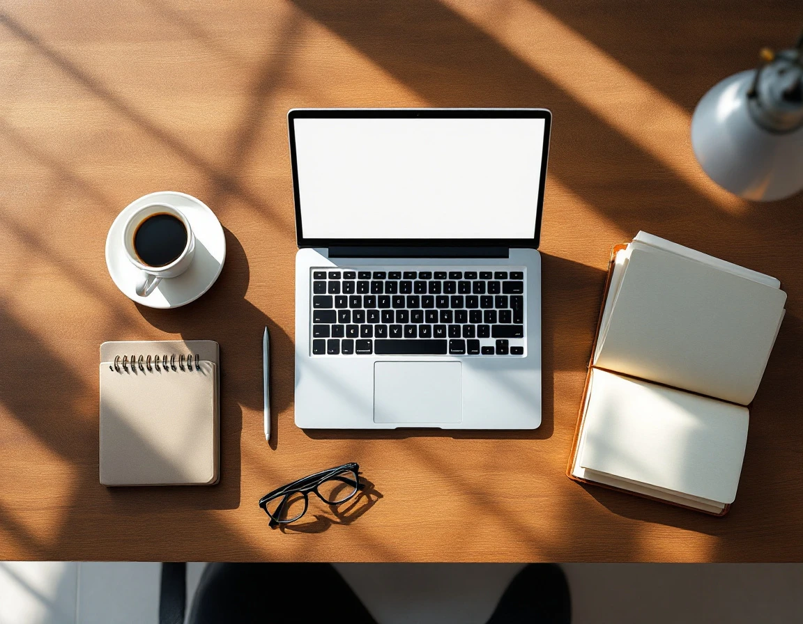 Minimalist business workspace with blank laptop, coffee cup, and open planner on wooden desk surface