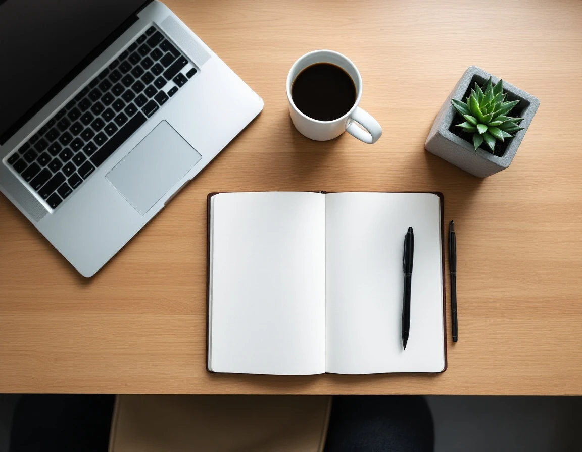 Overhead view of organized desk workspace with laptop, coffee, blank notebook, and succulent plant