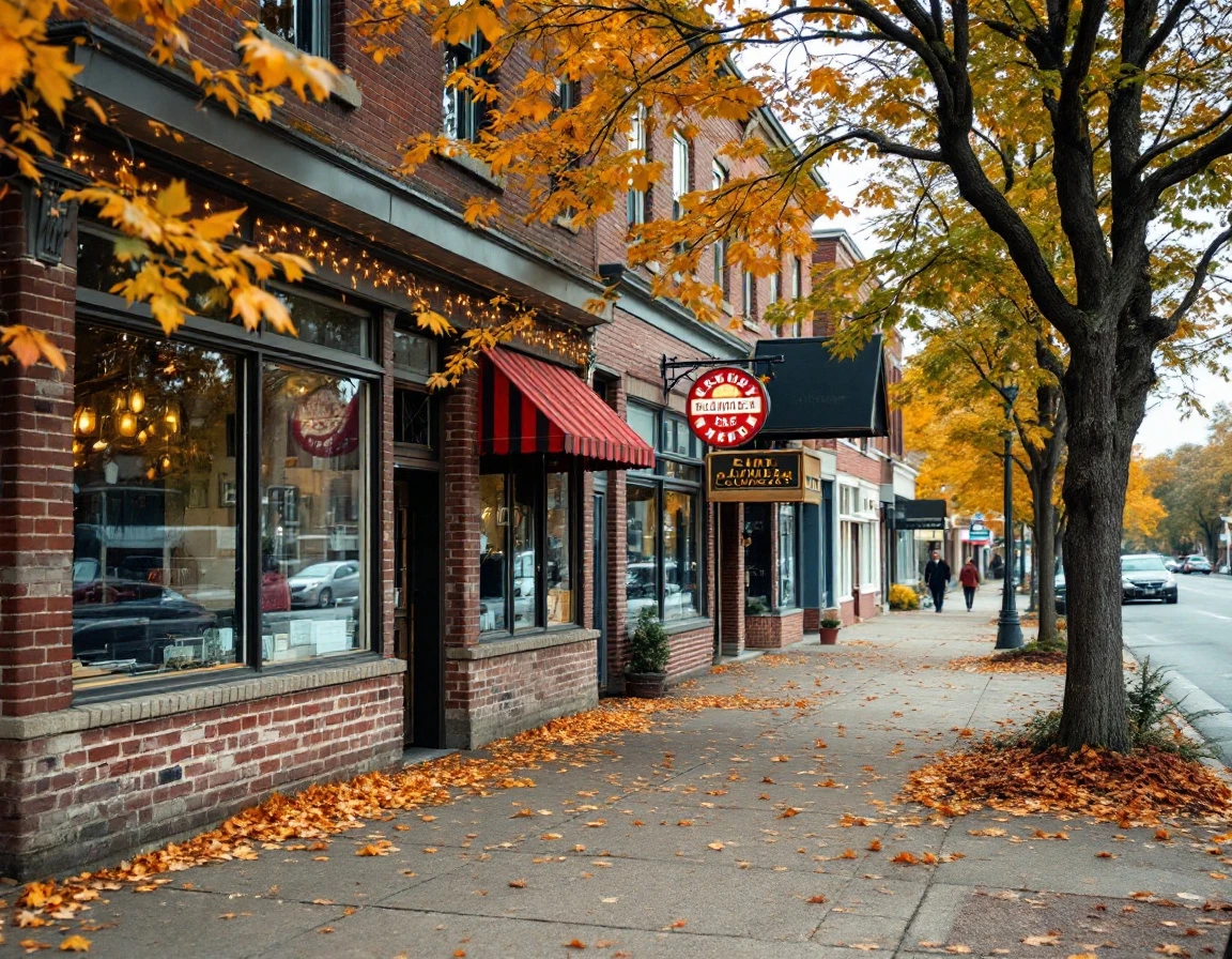 Quiet brick commercial storefronts along tree-lined autumn street with natural lighting