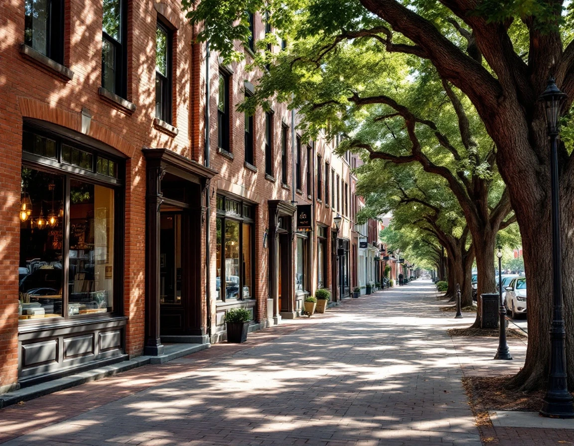 Historic brick commercial storefronts lined with mature trees casting dappled shadows on a pedestrian-friendly street
