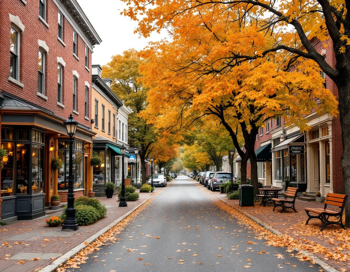 Tree-lined autumn commercial street with brick storefronts and fall foliage creating inviting business district