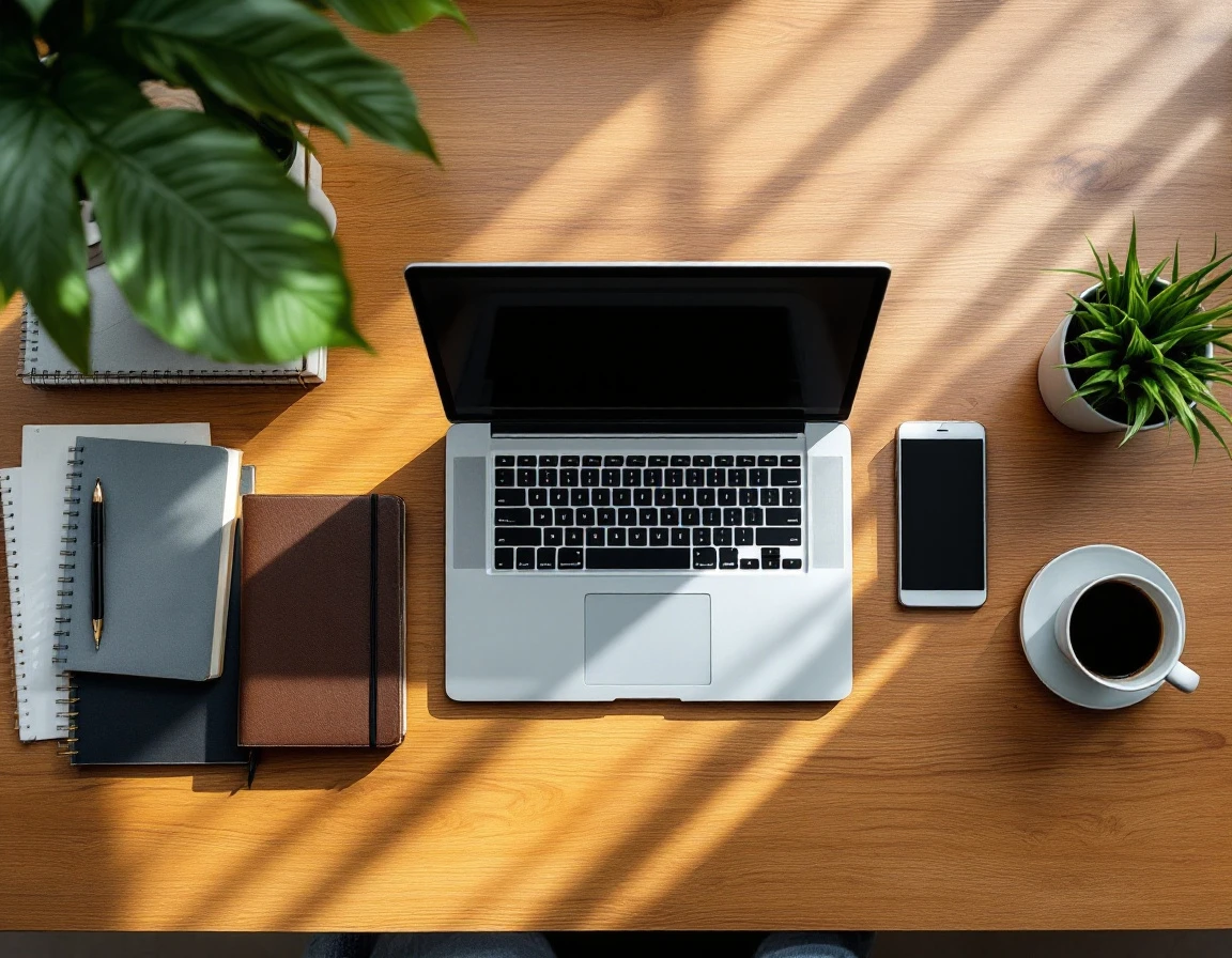 Organized desktop workspace showing systematic arrangement of business tools and technology