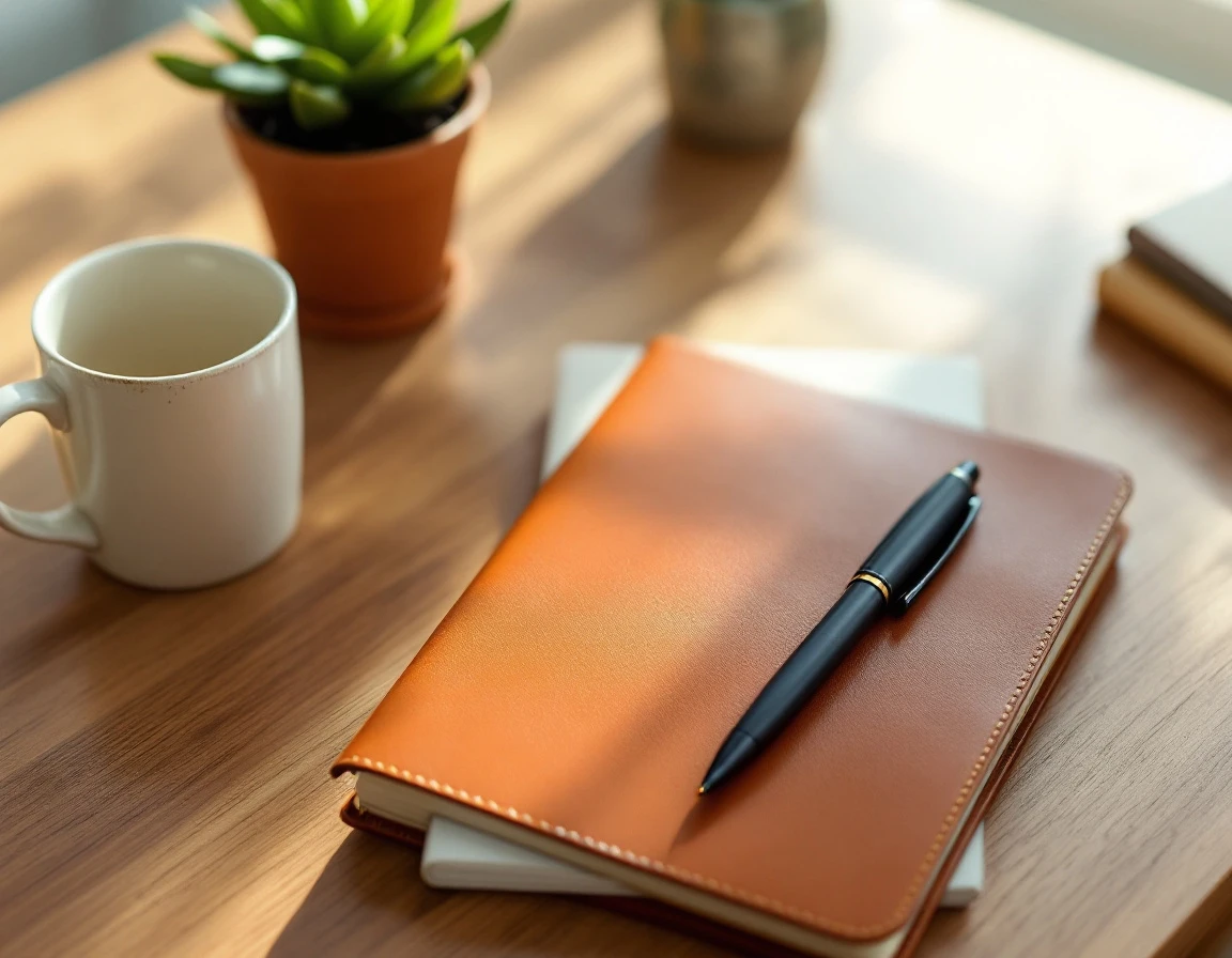 Organized desk workspace with leather planner, fountain pen, coffee mug, and succulent plant in natural light