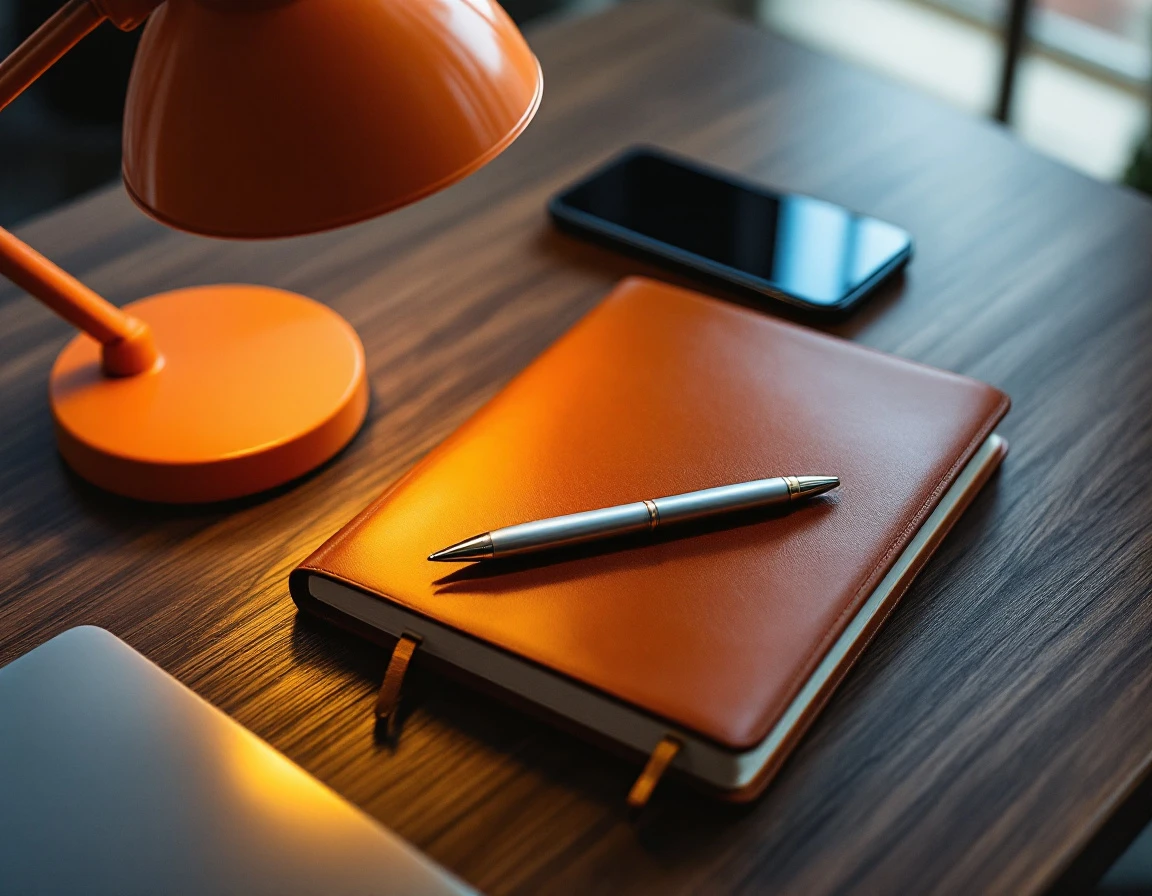 Closed leather notebook and business materials on professional desk with warm lamp lighting