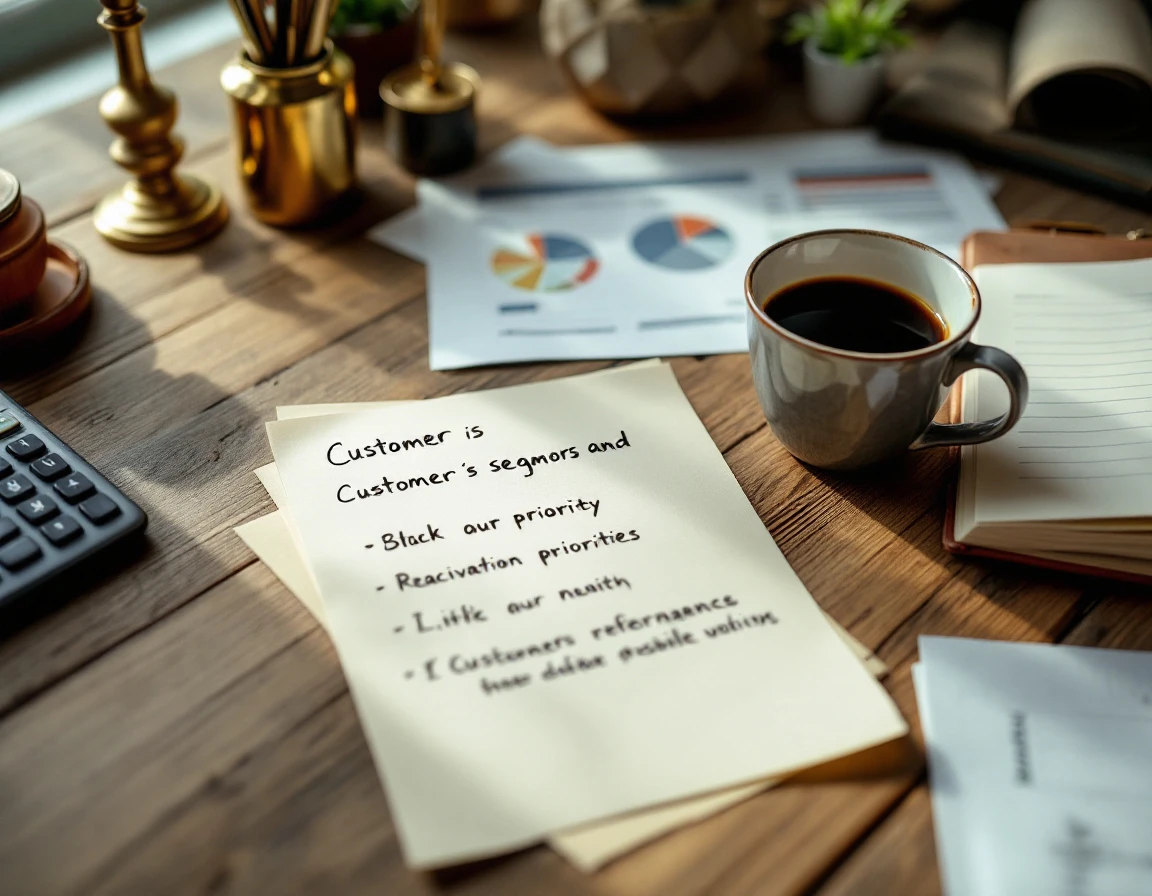 Business desk workspace with handwritten customer segment notes and sales pipeline planning materials