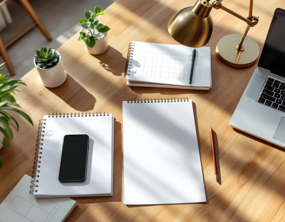 Organized desk workspace with calendar, blank papers, and laptop suggesting strategic campaign planning