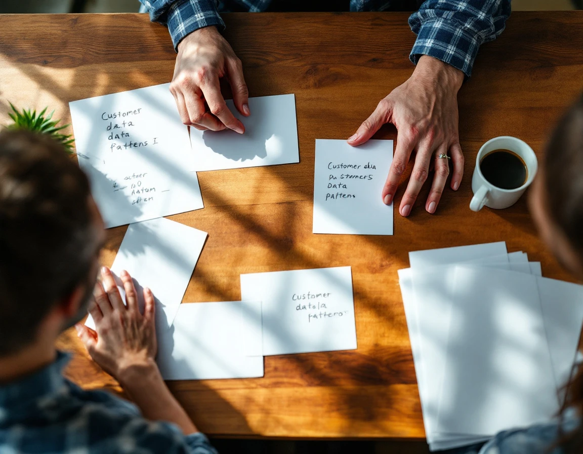 White index cards and printed customer data sheets scattered across wooden desk during analysis session