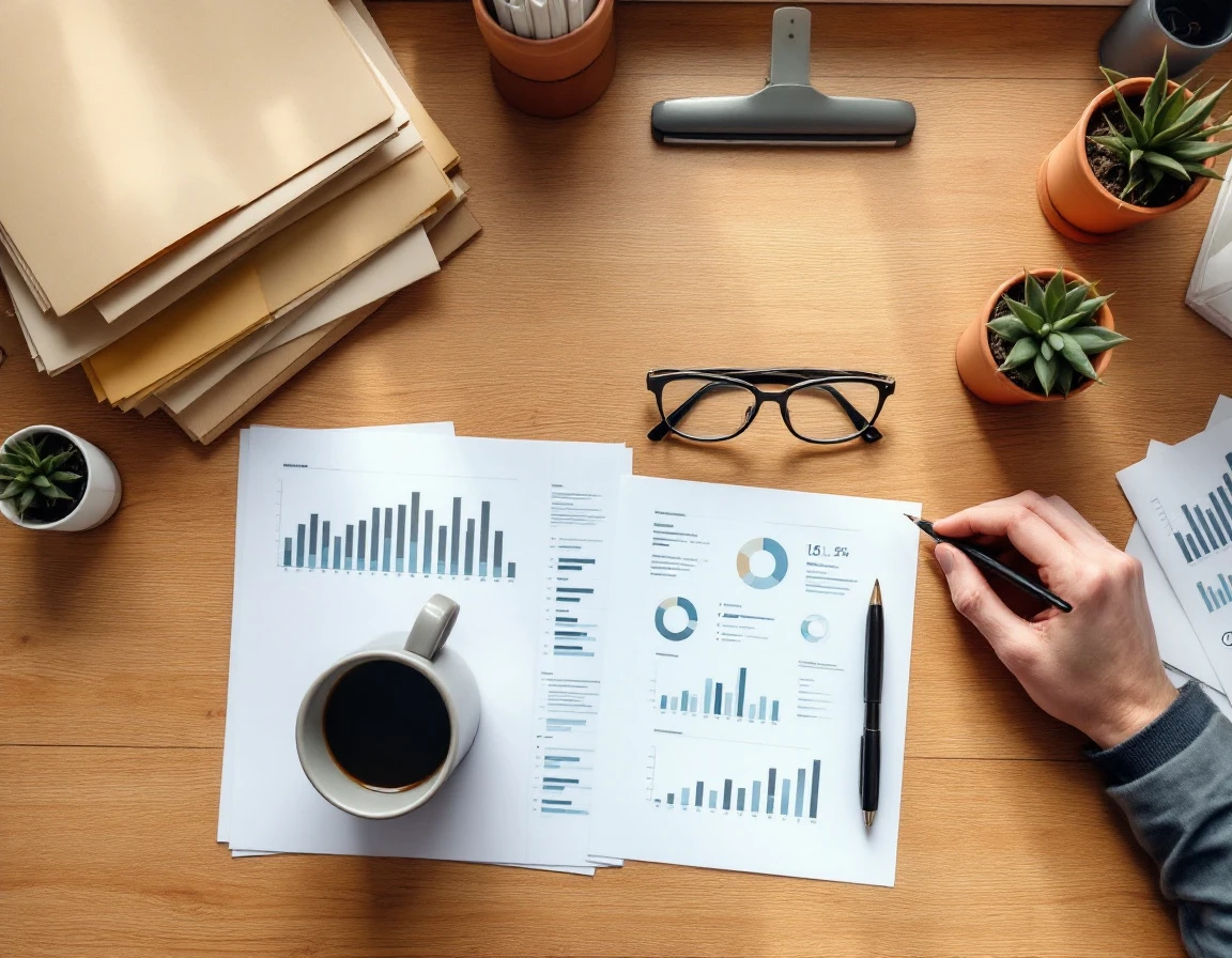 Flat-lay view of business documents, coffee, and analytical materials arranged on wooden desk surface