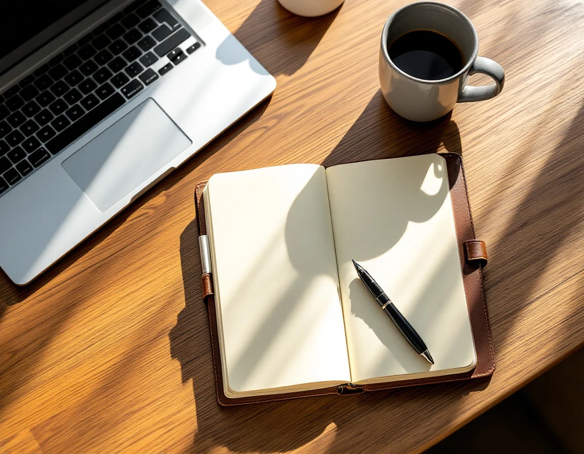 Wooden desk workspace with laptop, notebook, pen, and coffee cup arranged for strategic planning session