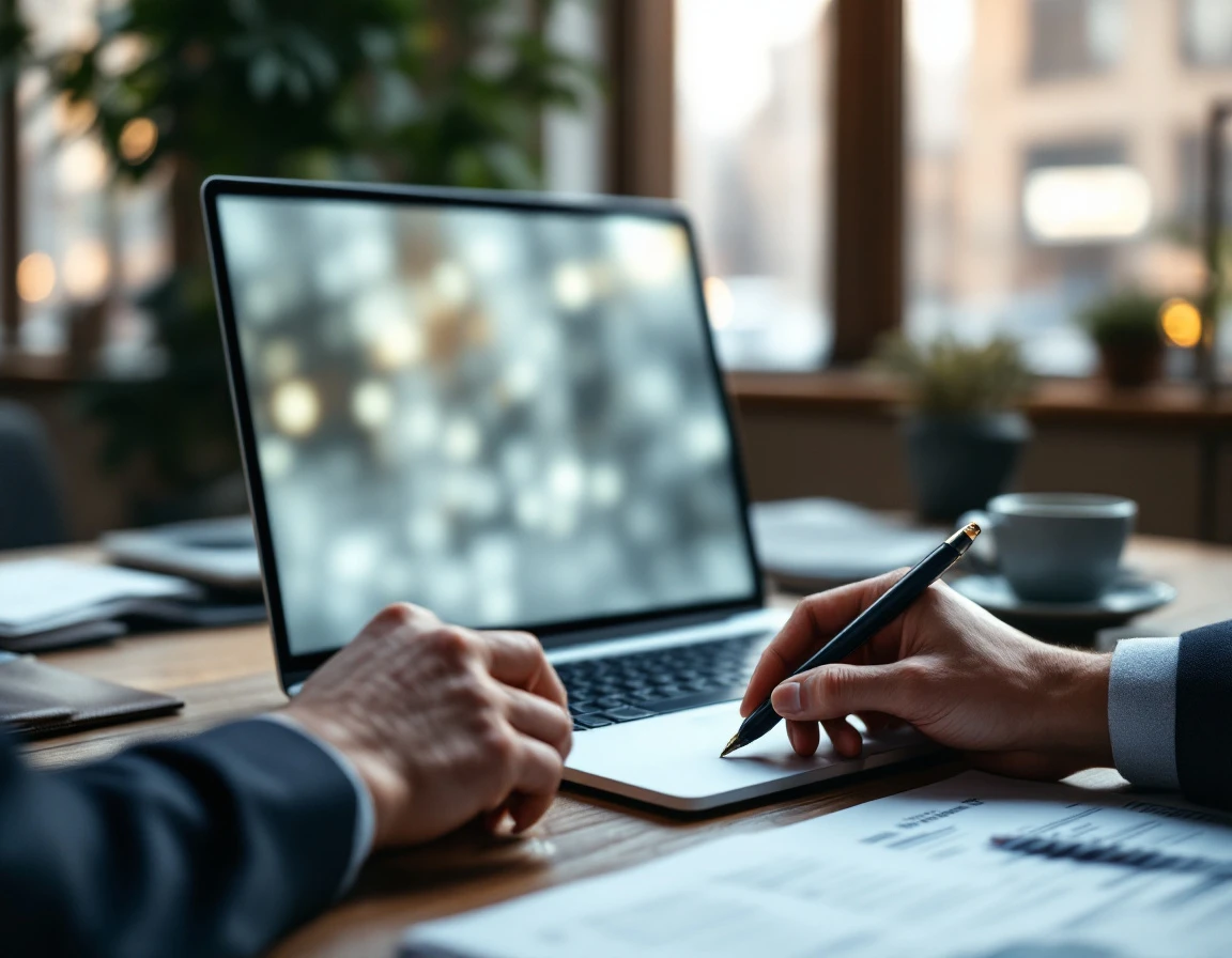 Business professional at desk with blurred laptop and unfocused reports in modern office workspace