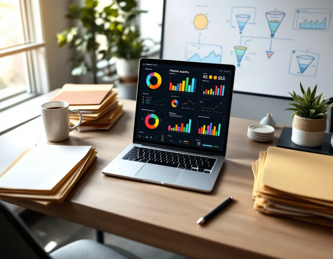 Organized office workspace with pipeline analytics and structured documentation representing clean CRM data management