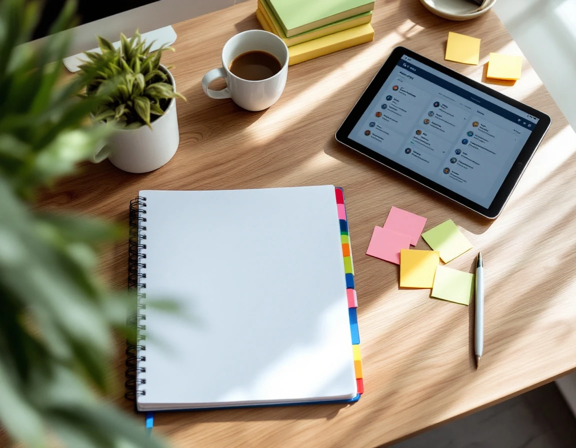 Organized workspace with notebook, tablet, and systematic workflow materials arranged on clean desk surface